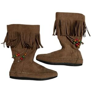 Kids Skechers Boots Fringe Beads Rubber Sole Brown Winter Moccasin Size 12